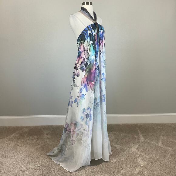 Badgley Mischka Backless Floral Print Beaded Halter Evening Gown White Size 10 - Picture 3 of 15